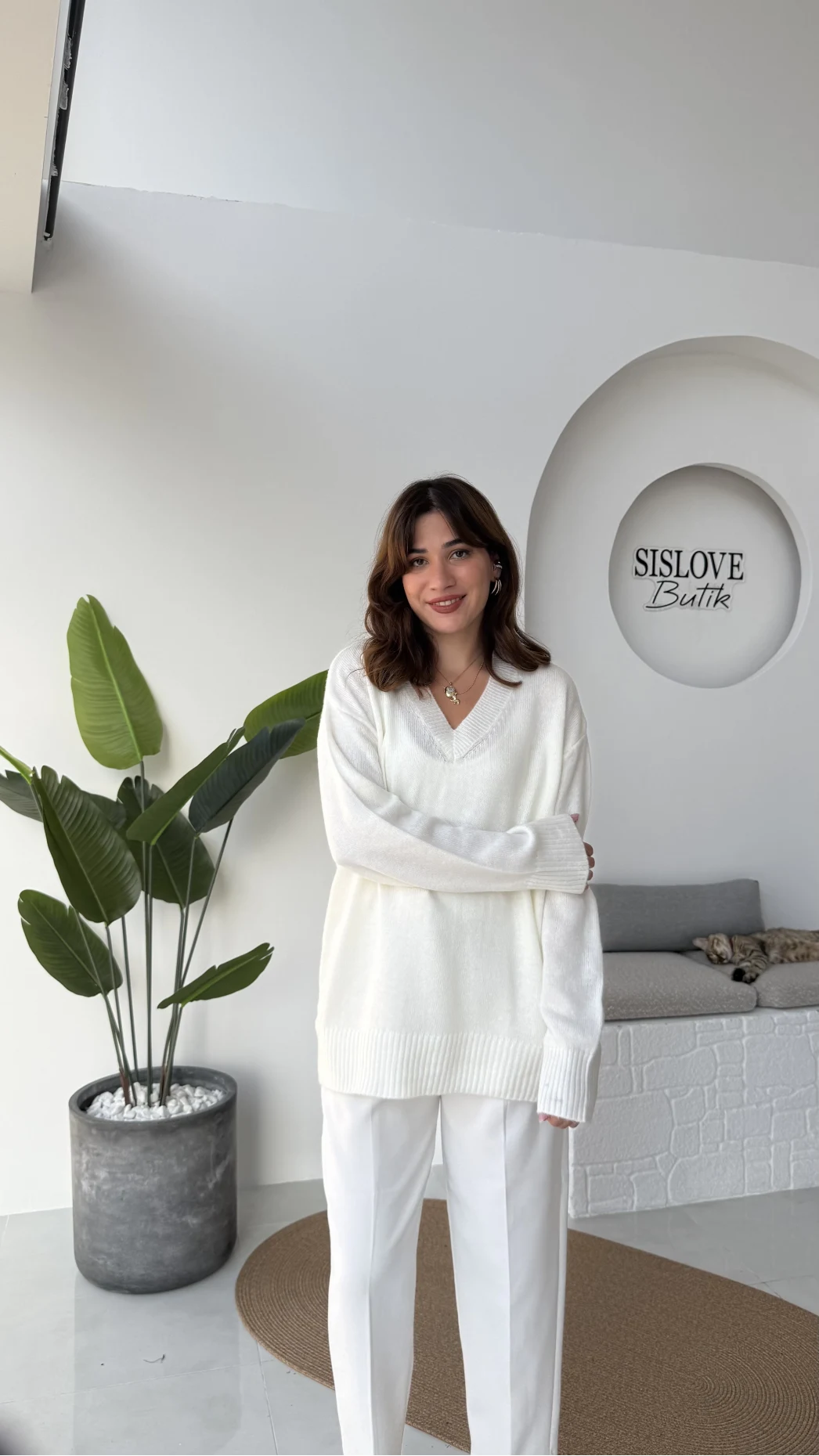 İsabella V Yaka Kazak Kırçıllı - Beyaz