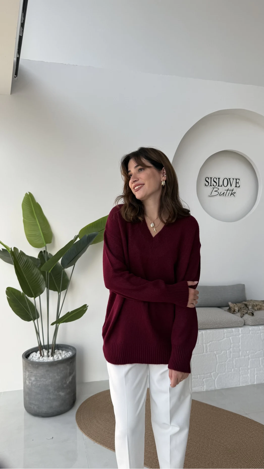 İsabella V Yaka Kazak - Bordo