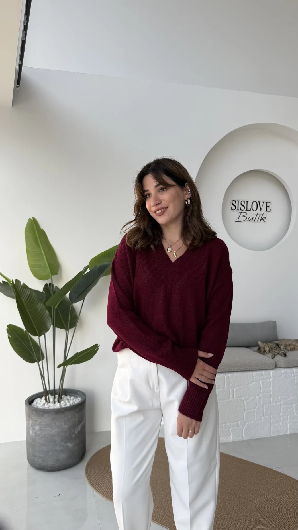 İsabella V Yaka Kazak - Bordo