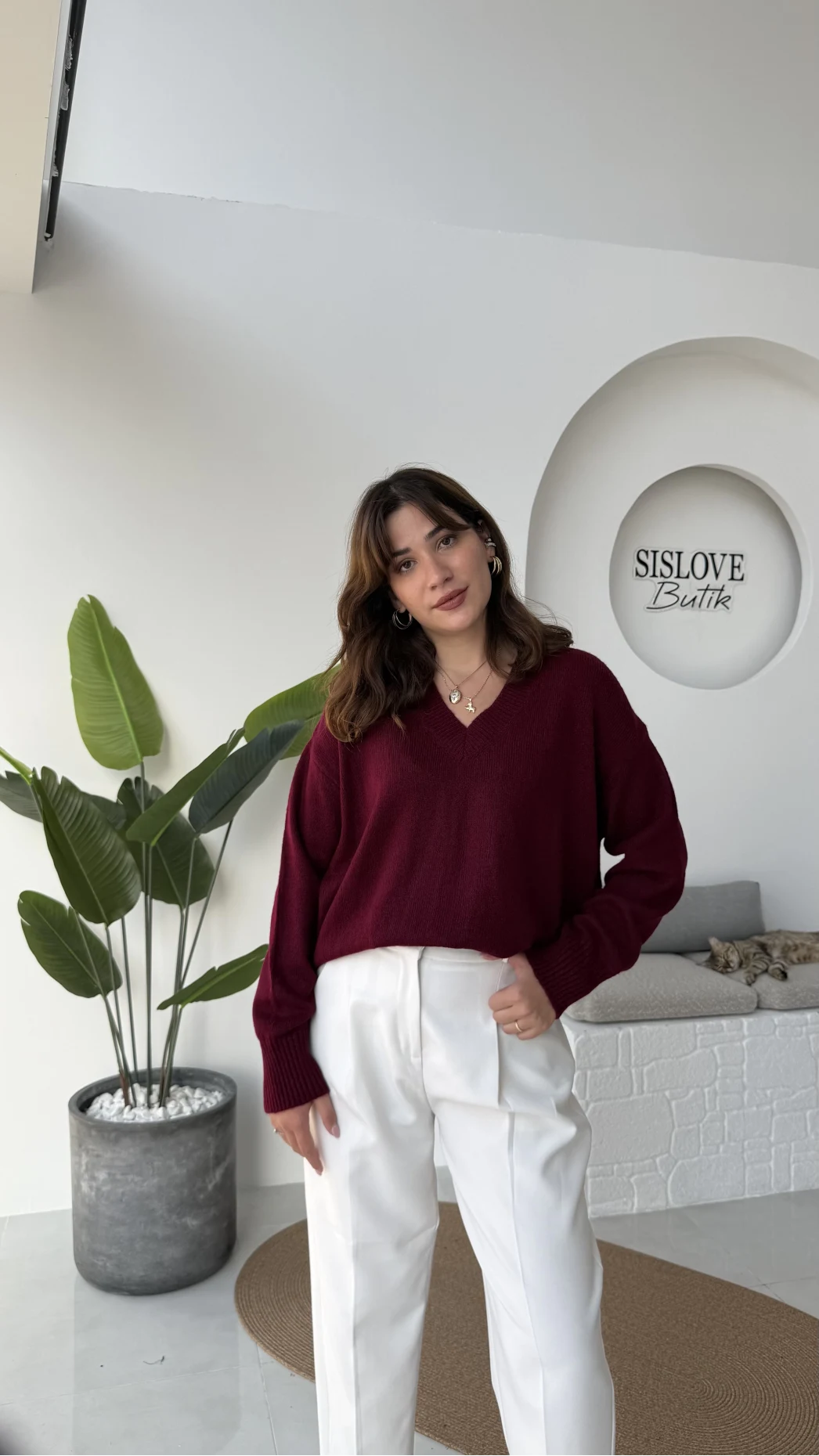 İsabella V Yaka Kazak - Bordo