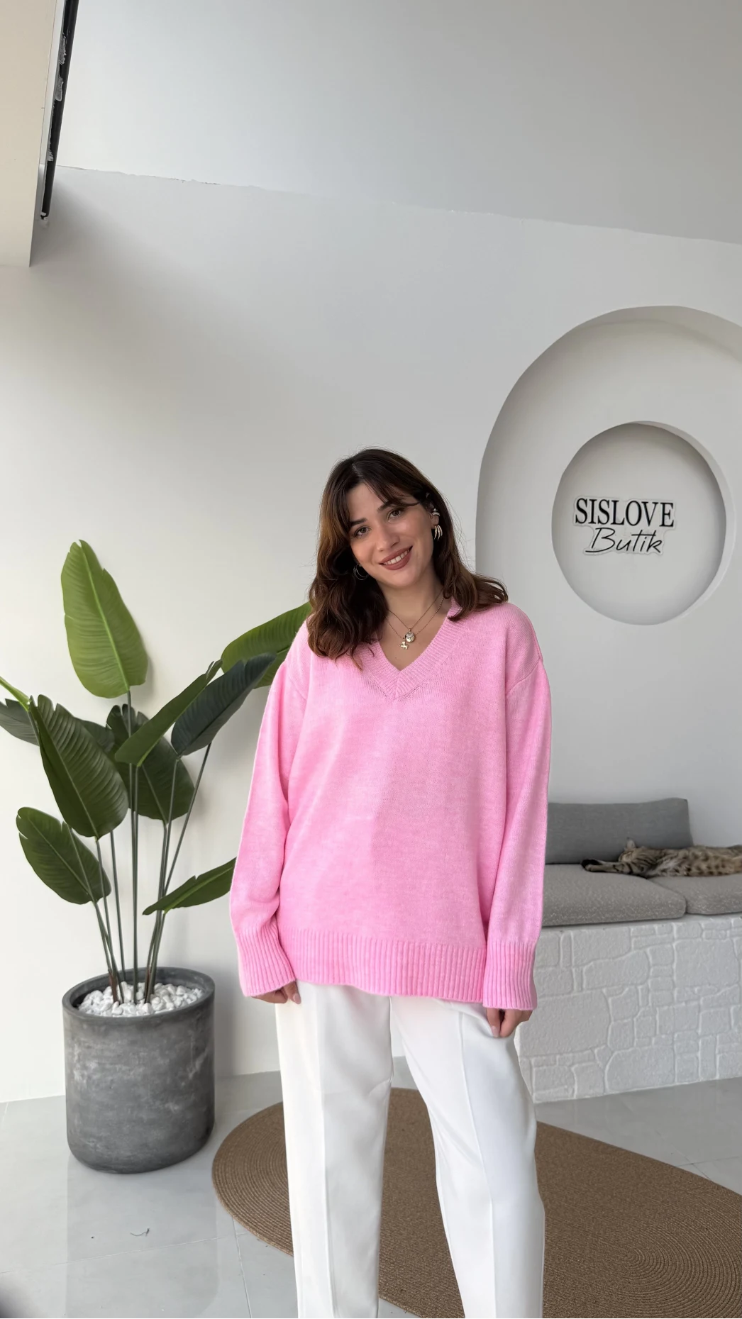 İsabella V Yaka Kazak - Pembe