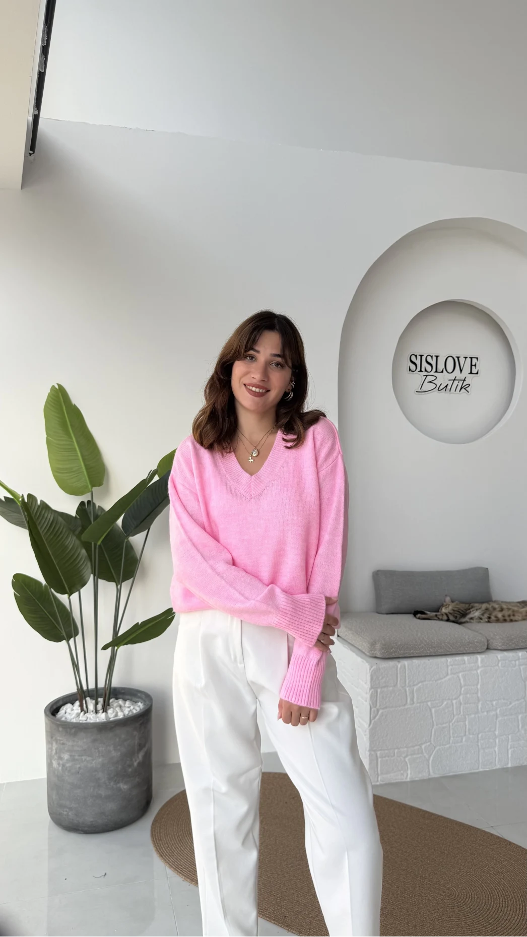 İsabella V Yaka Kazak - Pembe