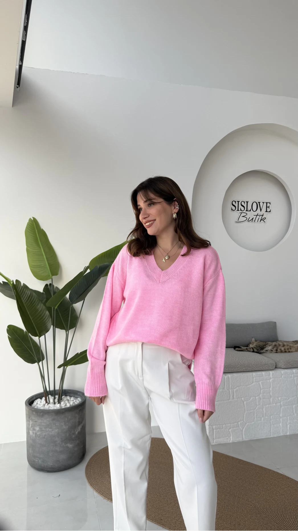 İsabella V Yaka Kazak - Pembe