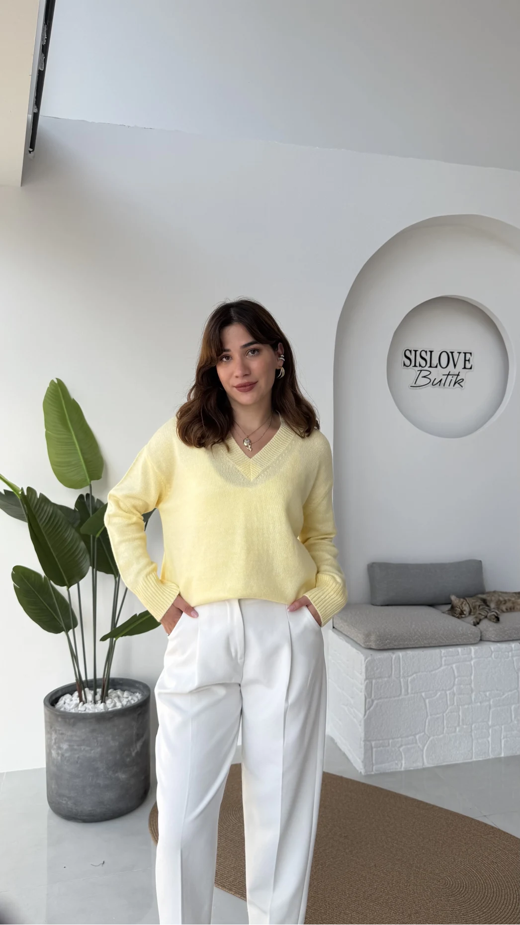 İsabella V Yaka Kazak - Sarı