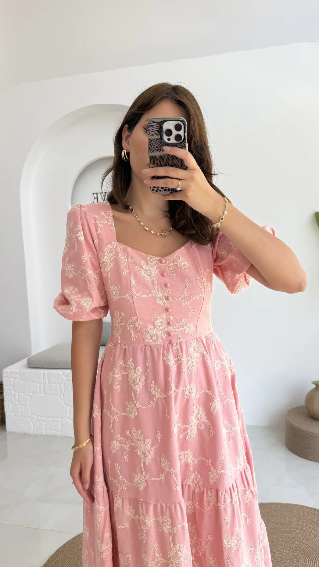 İşlemeli Mary Pembe Elbise - 8976