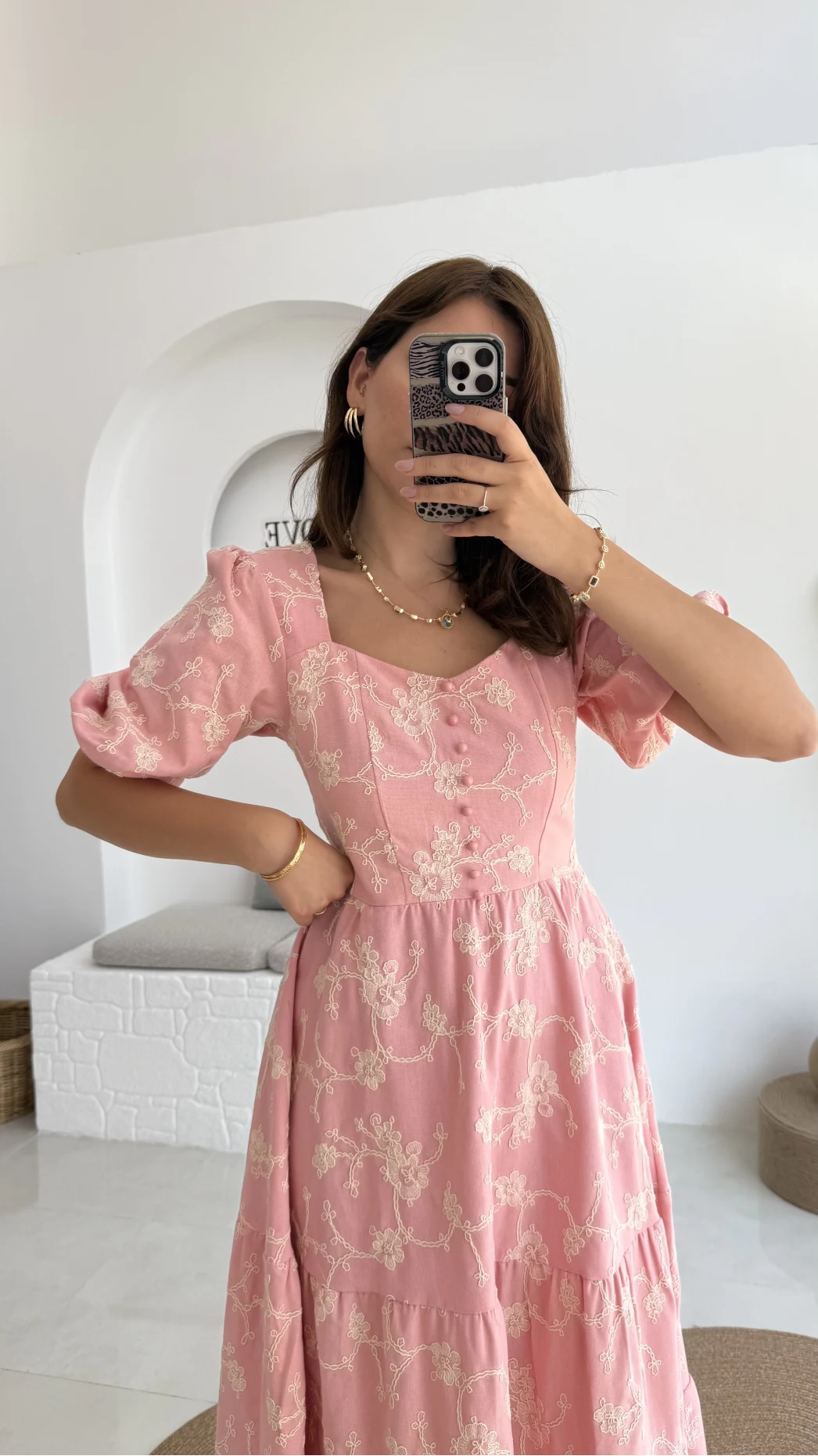 İşlemeli Mary Pembe Elbise - 8976