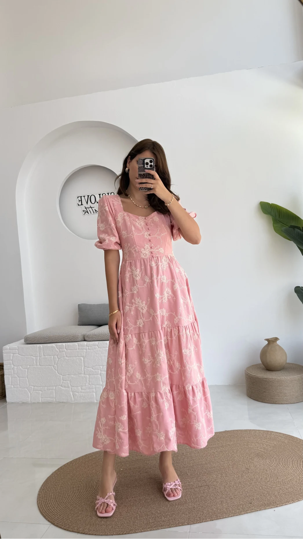 İşlemeli Mary Pembe Elbise - 8976