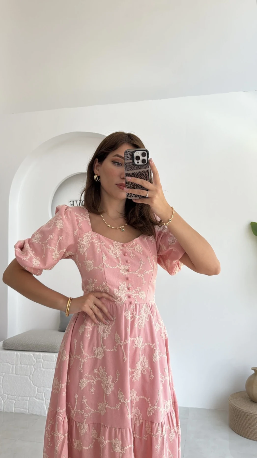 İşlemeli Mary Pembe Elbise - 8976