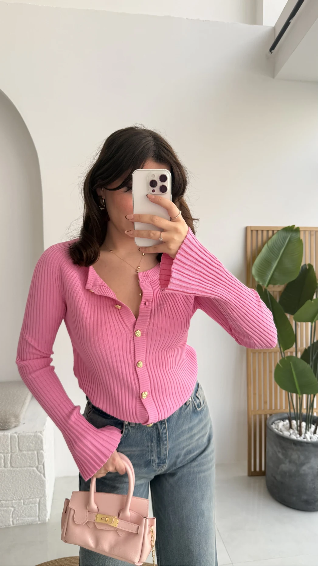 İspanyol Kol Detay Triko Hırka - Pembe - Kod: 316