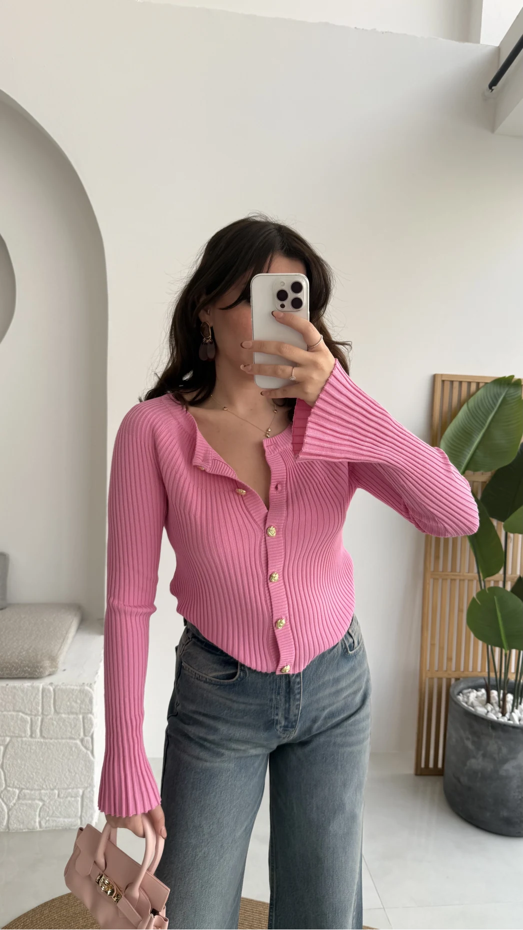 İspanyol Kol Detay Triko Hırka - Pembe - Kod: 316