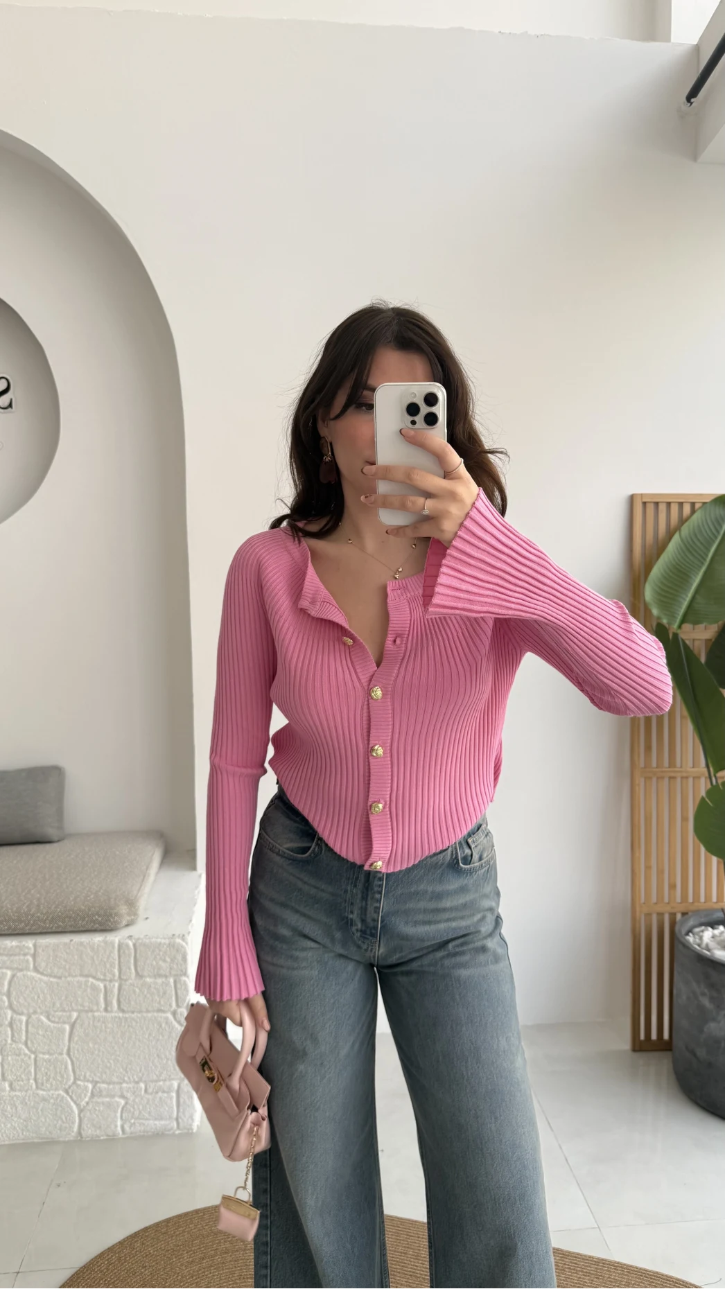 İspanyol Kol Detay Triko Hırka - Pembe - Kod: 316