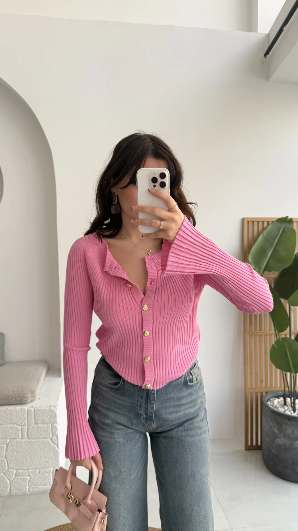 İspanyol Kol Detay Triko Hırka - Pembe - Kod: 316