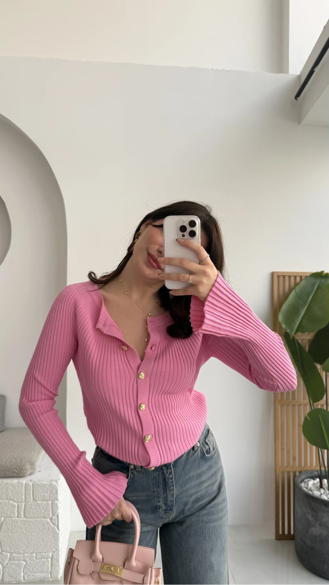 İspanyol Kol Detay Triko Hırka - Pembe - Kod: 316