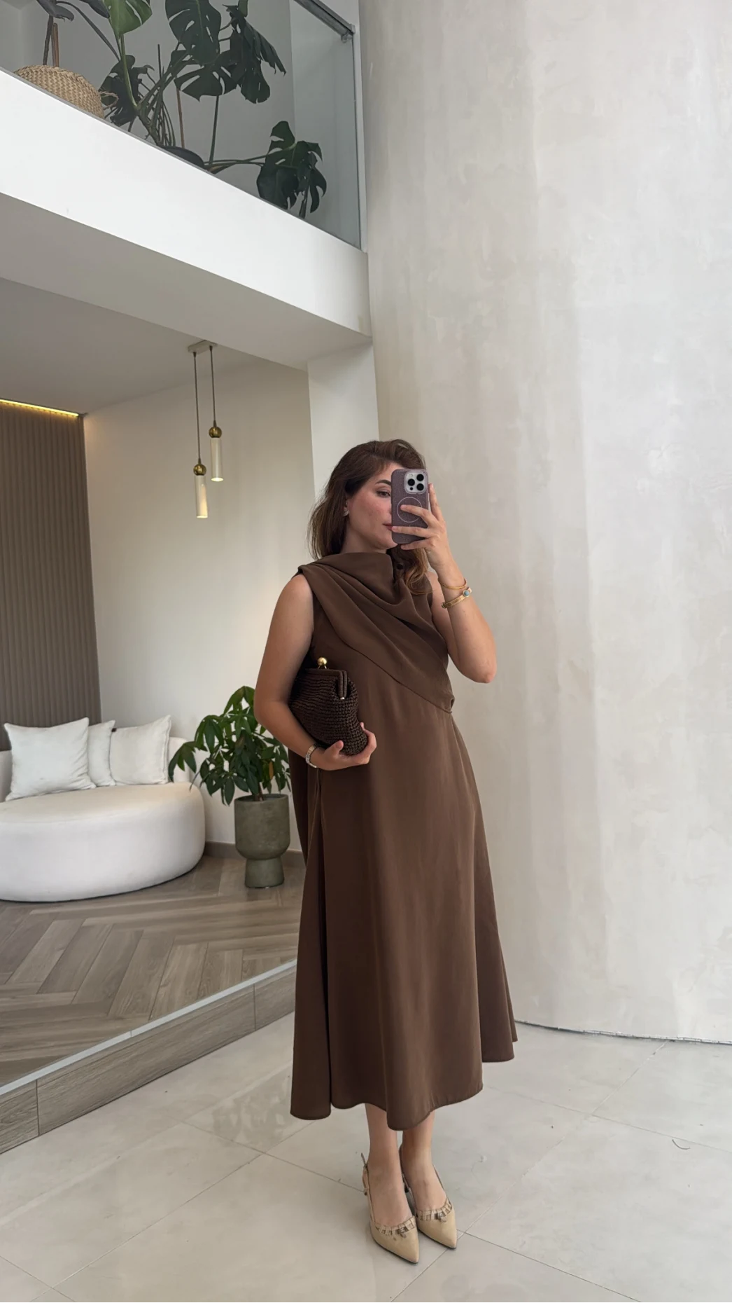 Janeka Şal Yaka Elbise - Kahve - Kod: 3419