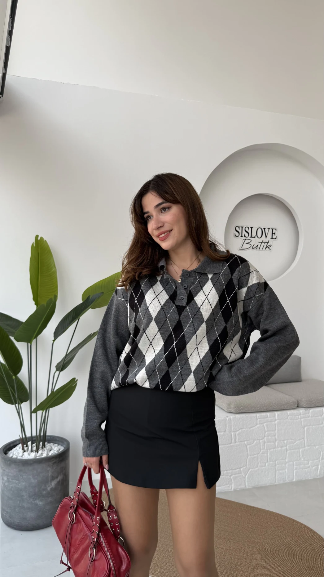 Janet Polo Yaka Baklava Desenli Kazak - Antrasit