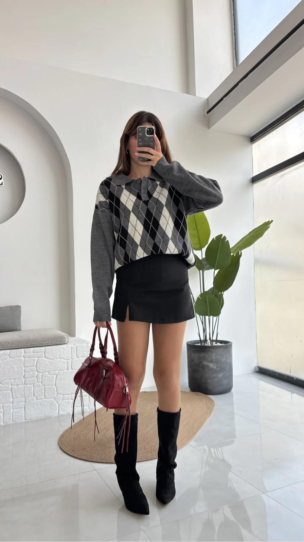 Janet Polo Yaka Baklava Desenli Kazak - Antrasit