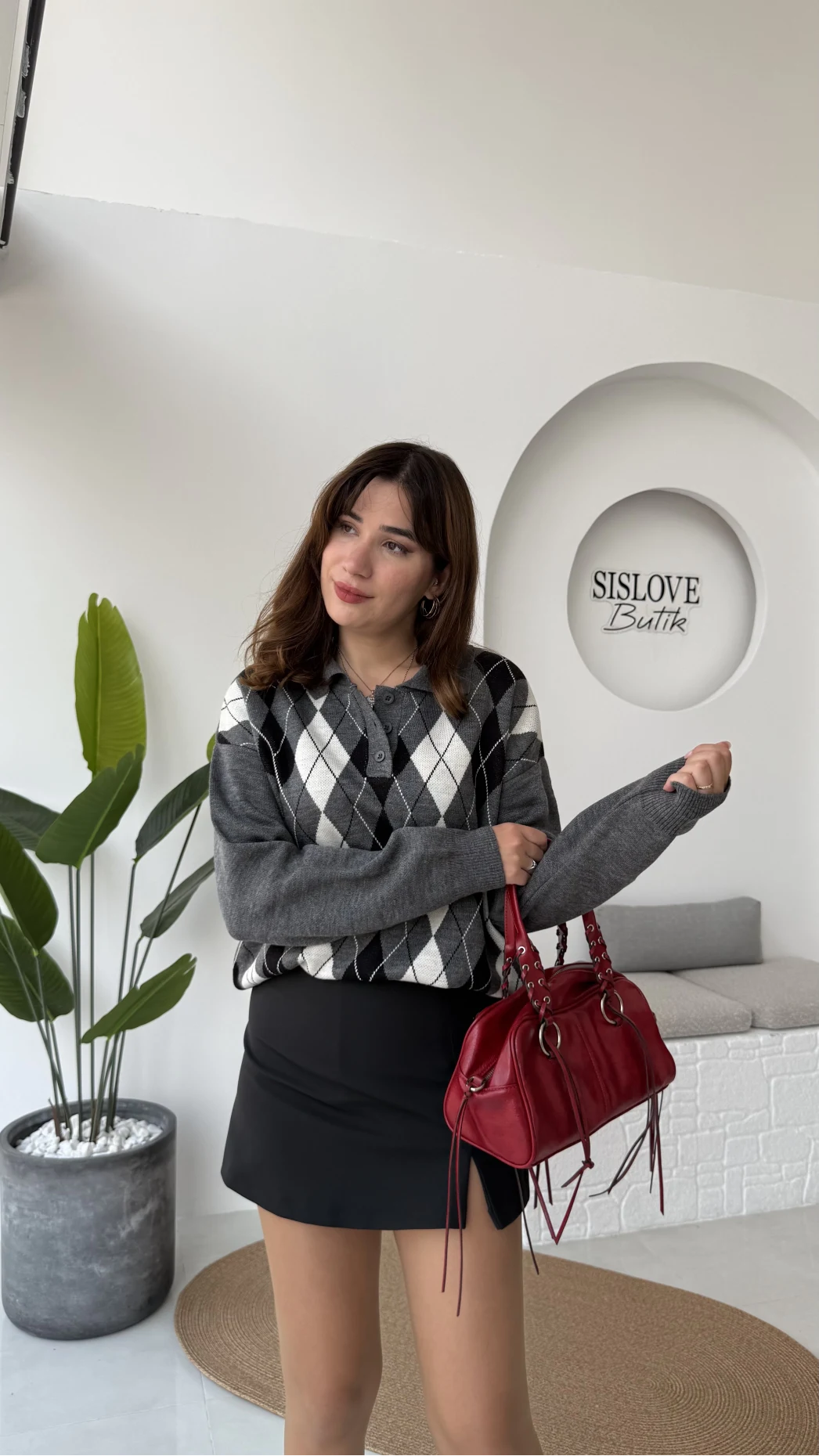 Janet Polo Yaka Baklava Desenli Kazak - Antrasit