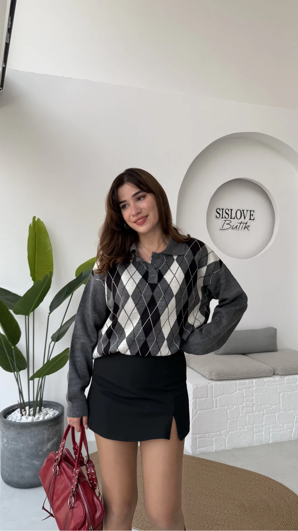 Janet Polo Yaka Baklava Desenli Kazak - Antrasit