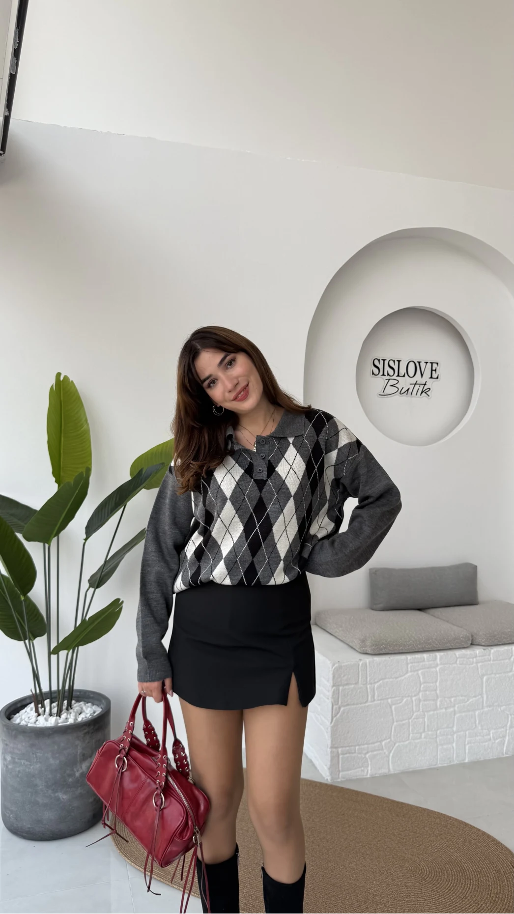 Janet Polo Yaka Baklava Desenli Kazak - Antrasit