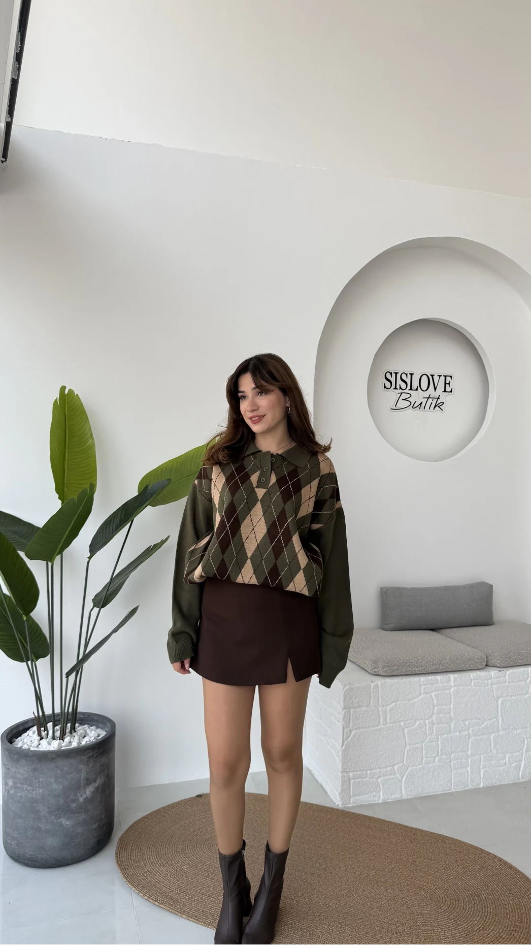 Janet Polo Yaka Baklava Desenli Kazak - Haki