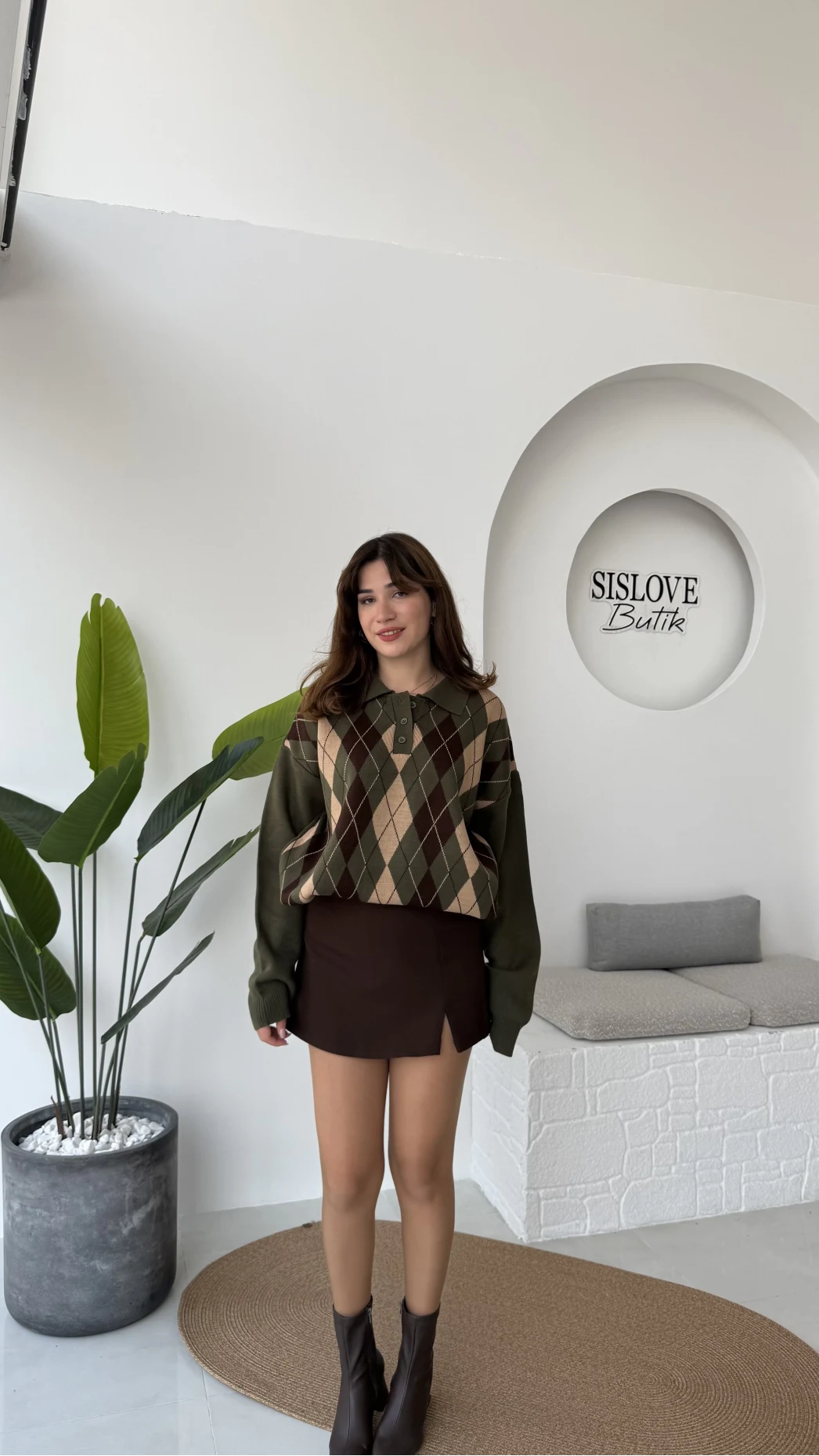 Janet Polo Yaka Baklava Desenli Kazak - Haki