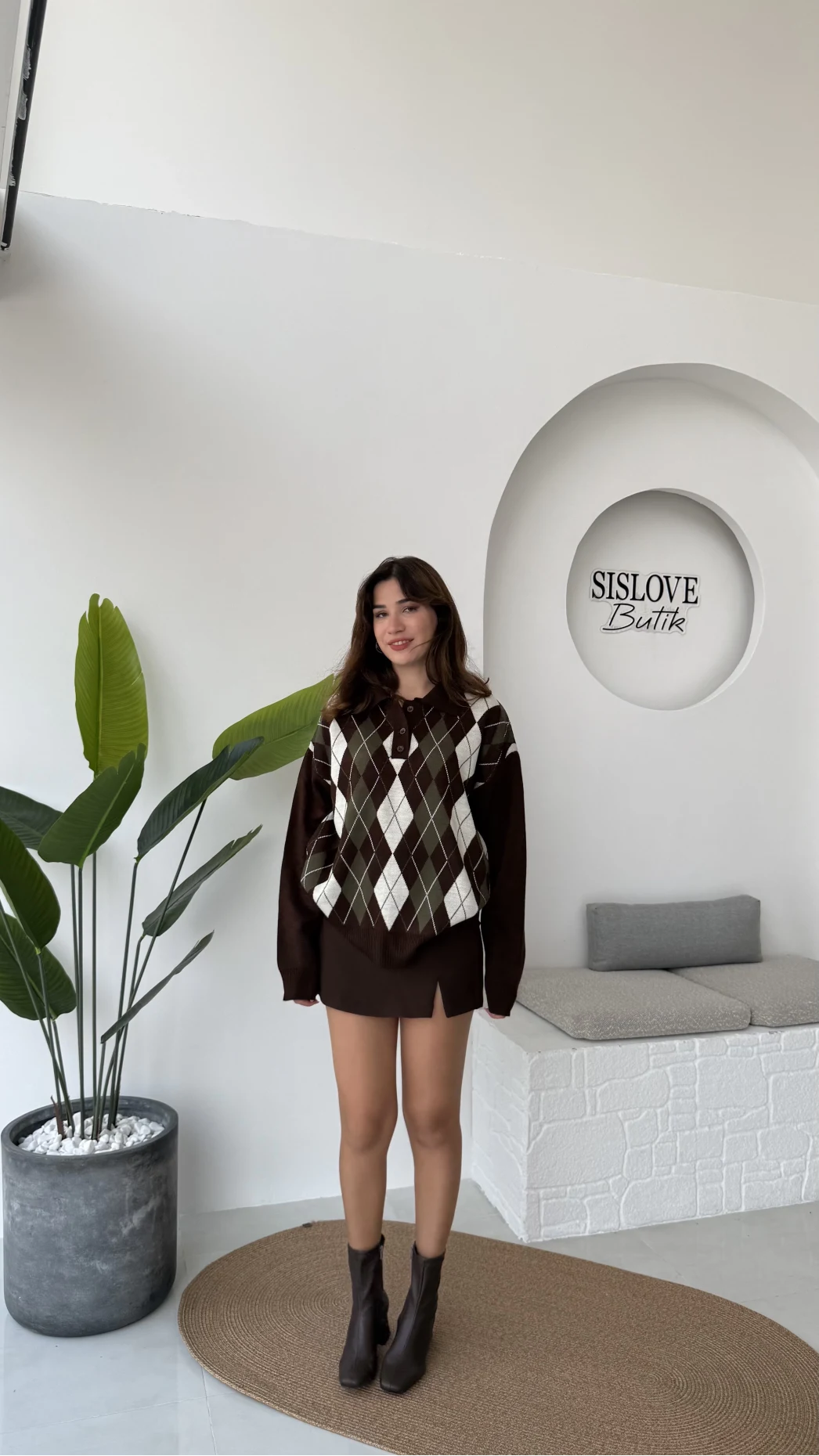 Janet Polo Yaka Baklava Desenli Kazak - Kahverengi