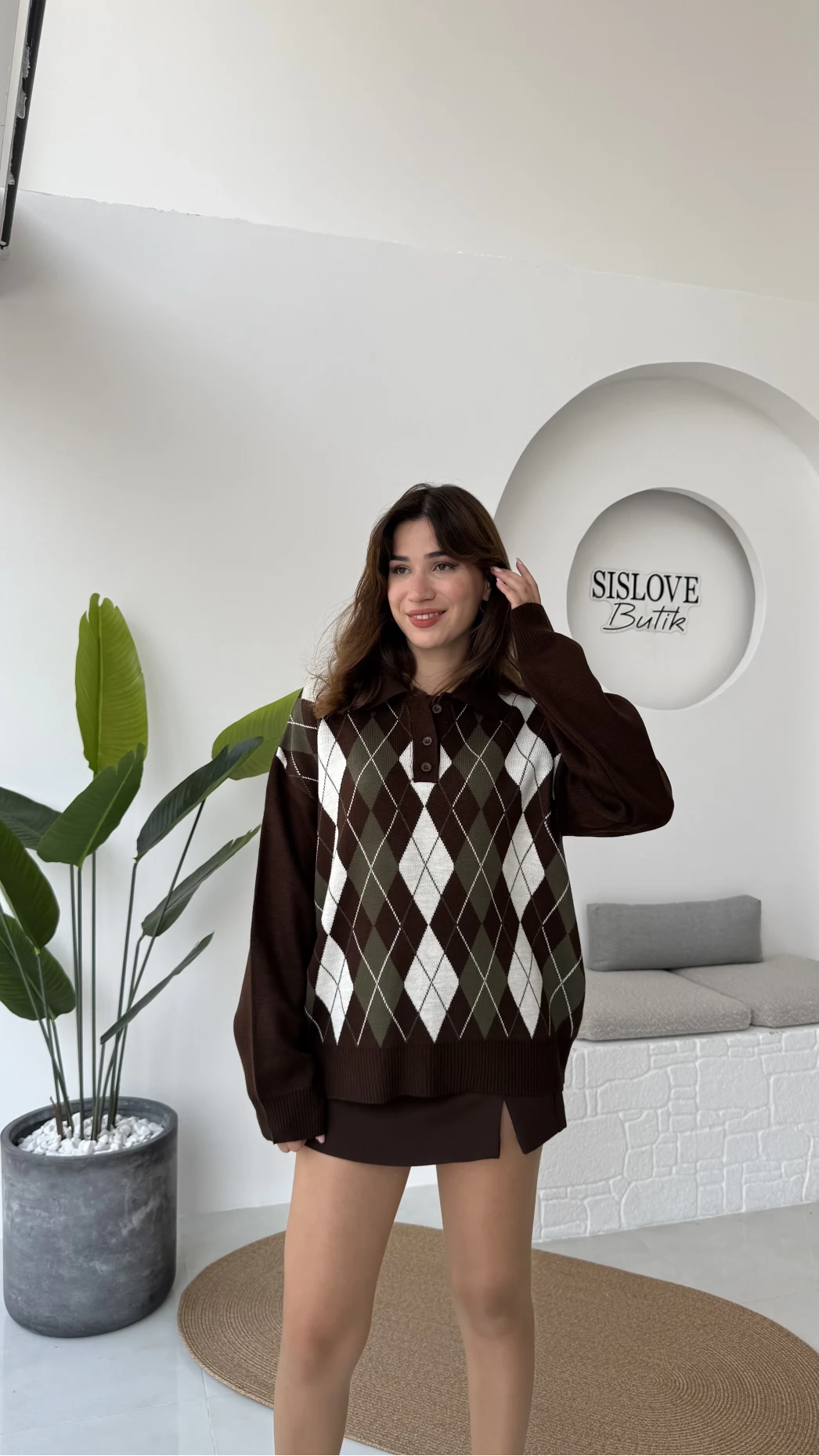 Janet Polo Yaka Baklava Desenli Kazak - Kahverengi