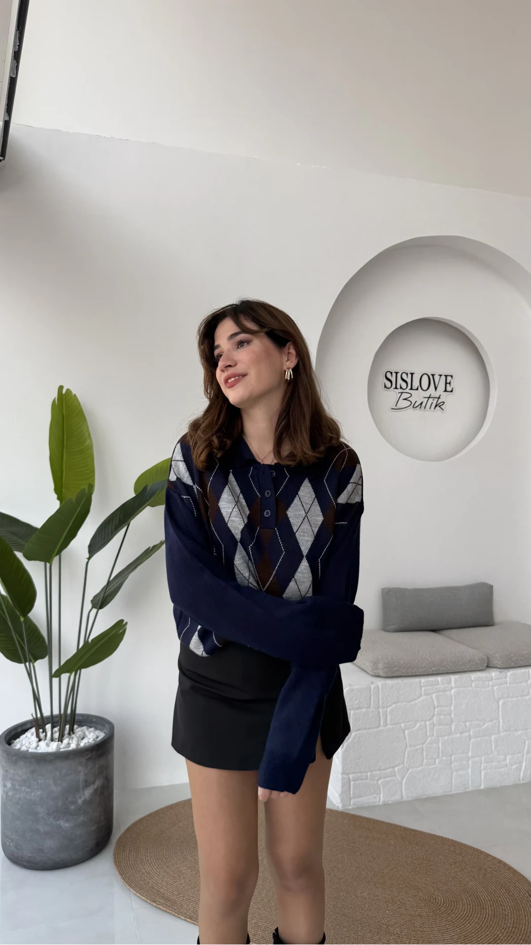 Janet Polo Yaka Baklava Desenli Kazak - Lacivert