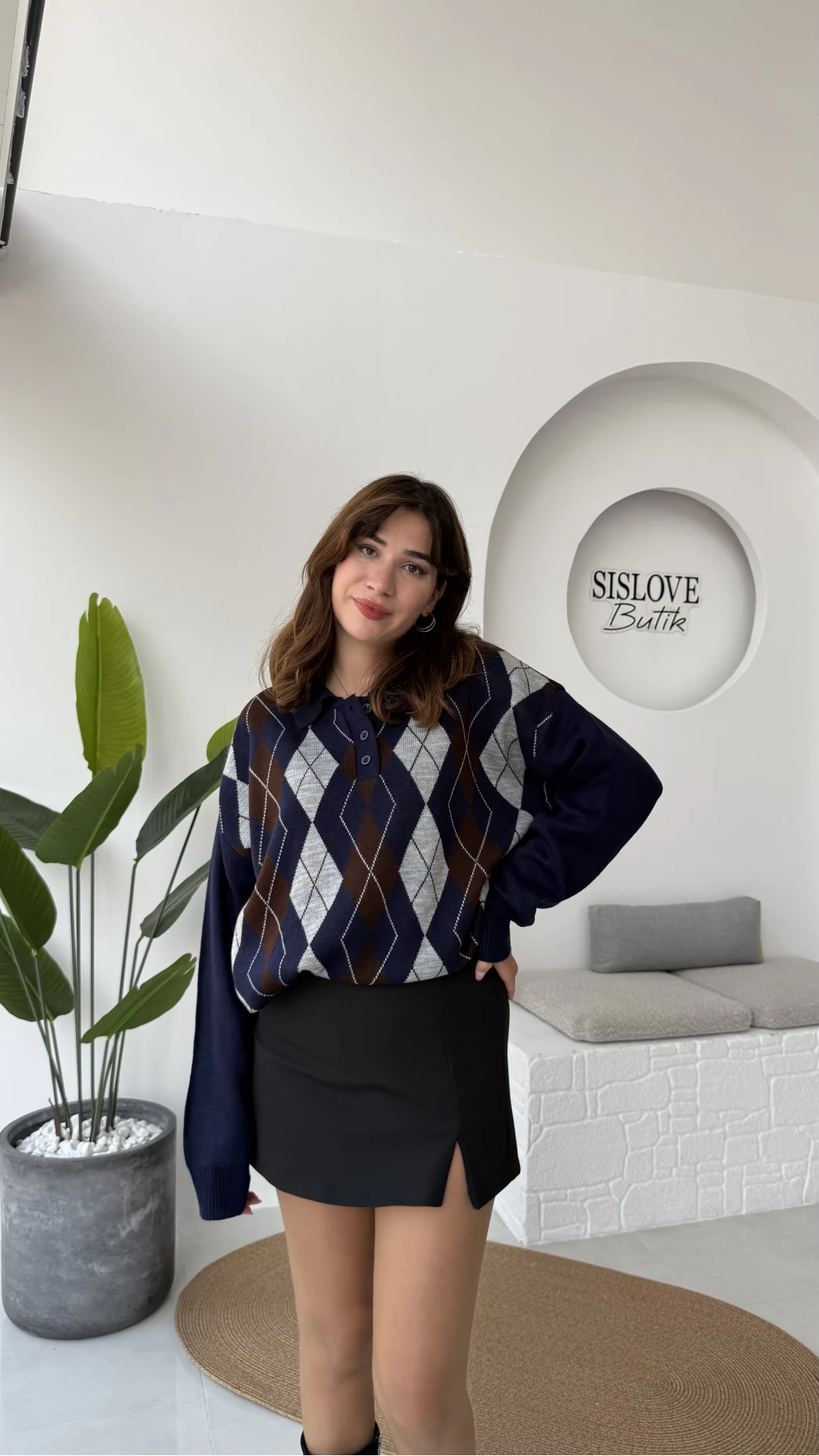 Janet Polo Yaka Baklava Desenli Kazak - Lacivert