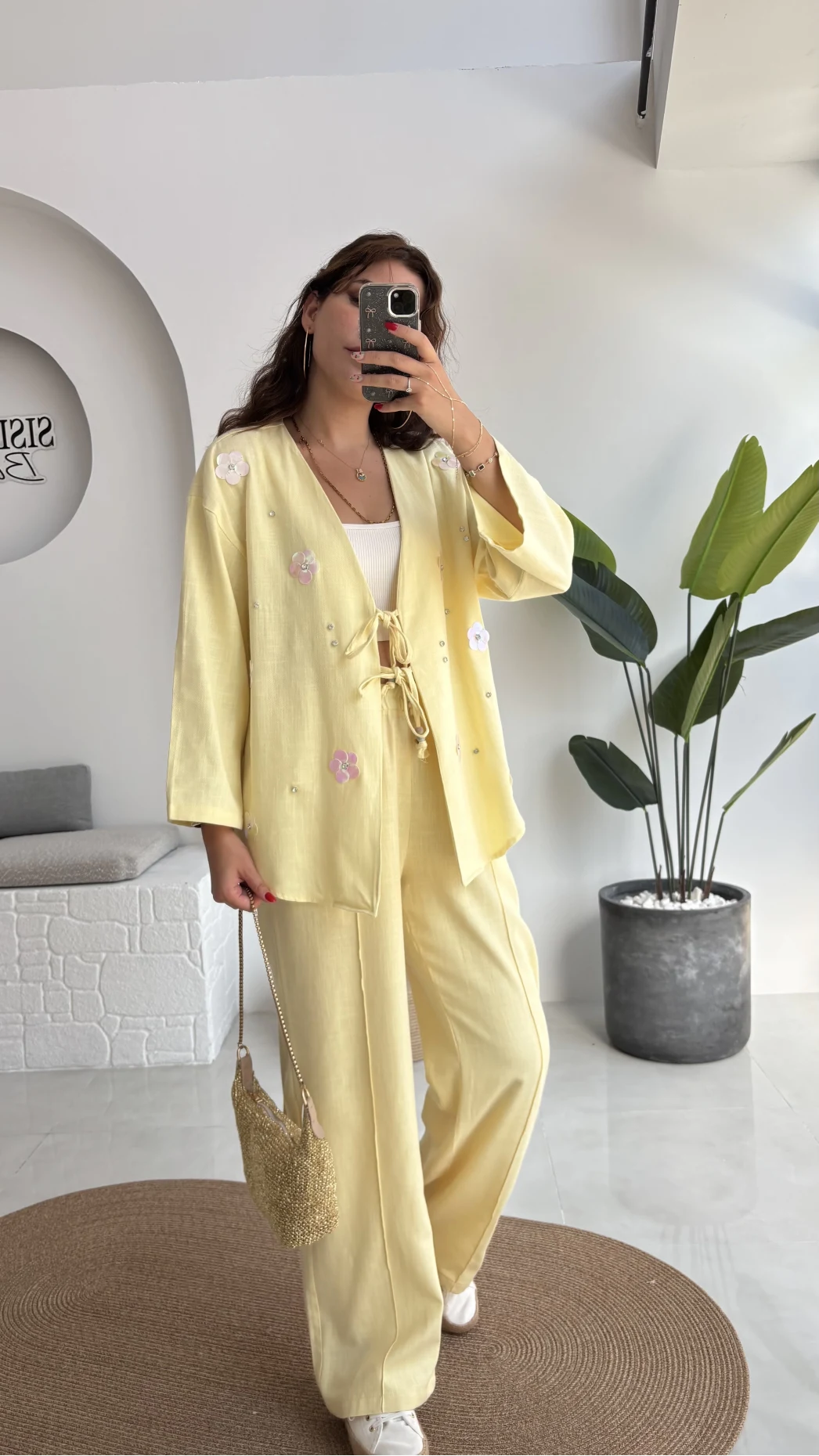 Jasmine Çiçek ve Taş Detay Takım - Sarı