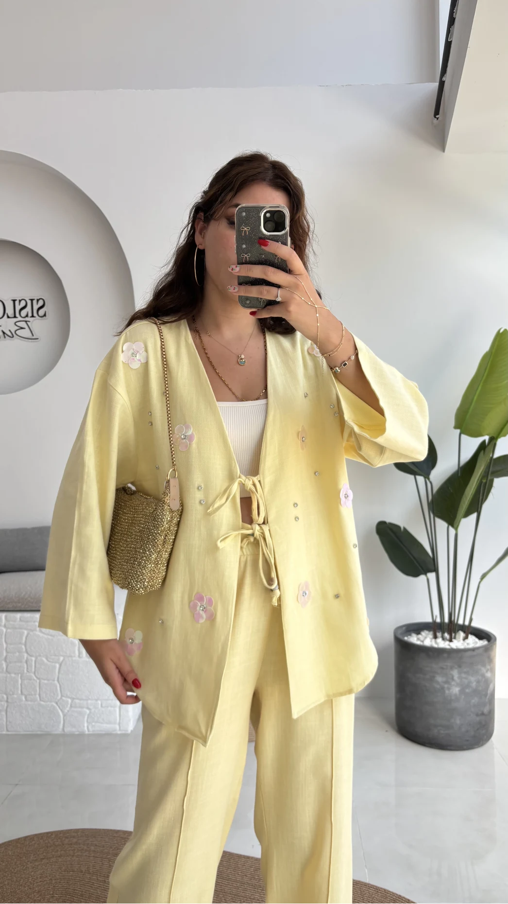 Jasmine Çiçek ve Taş Detay Takım - Sarı