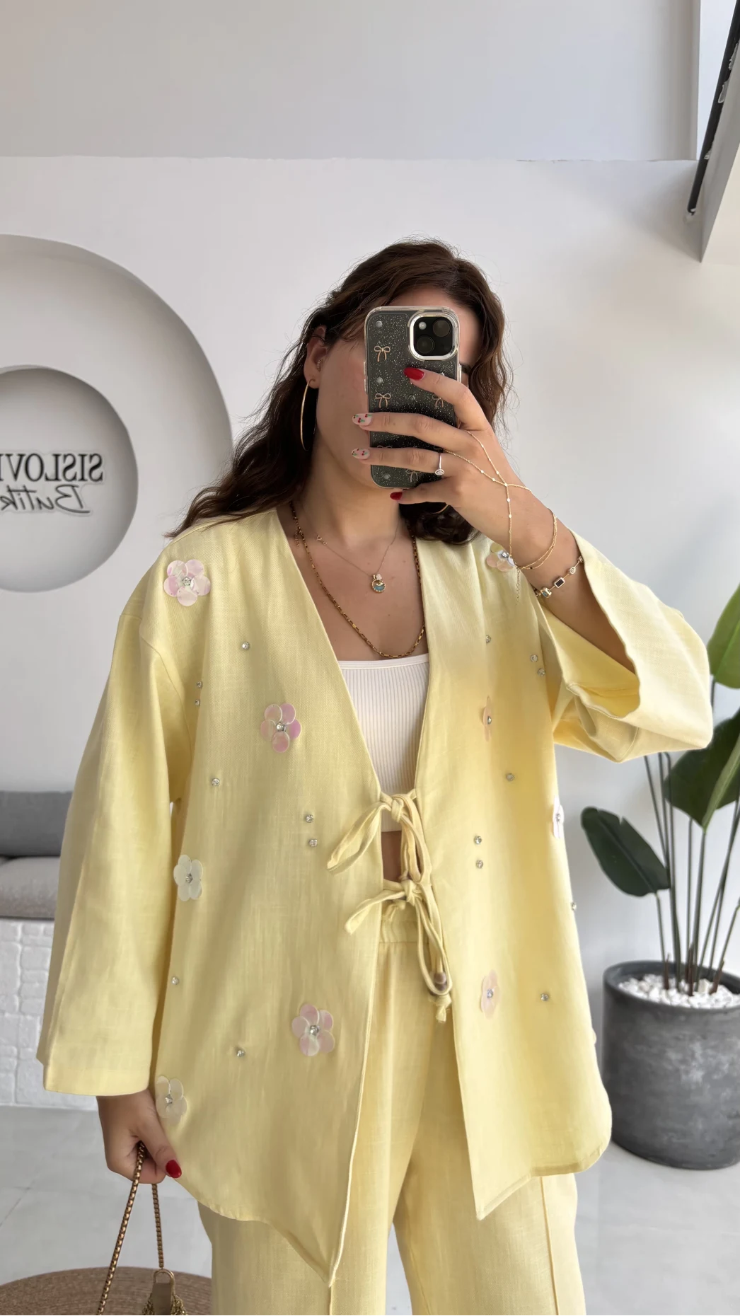 Jasmine Çiçek ve Taş Detay Takım - Sarı