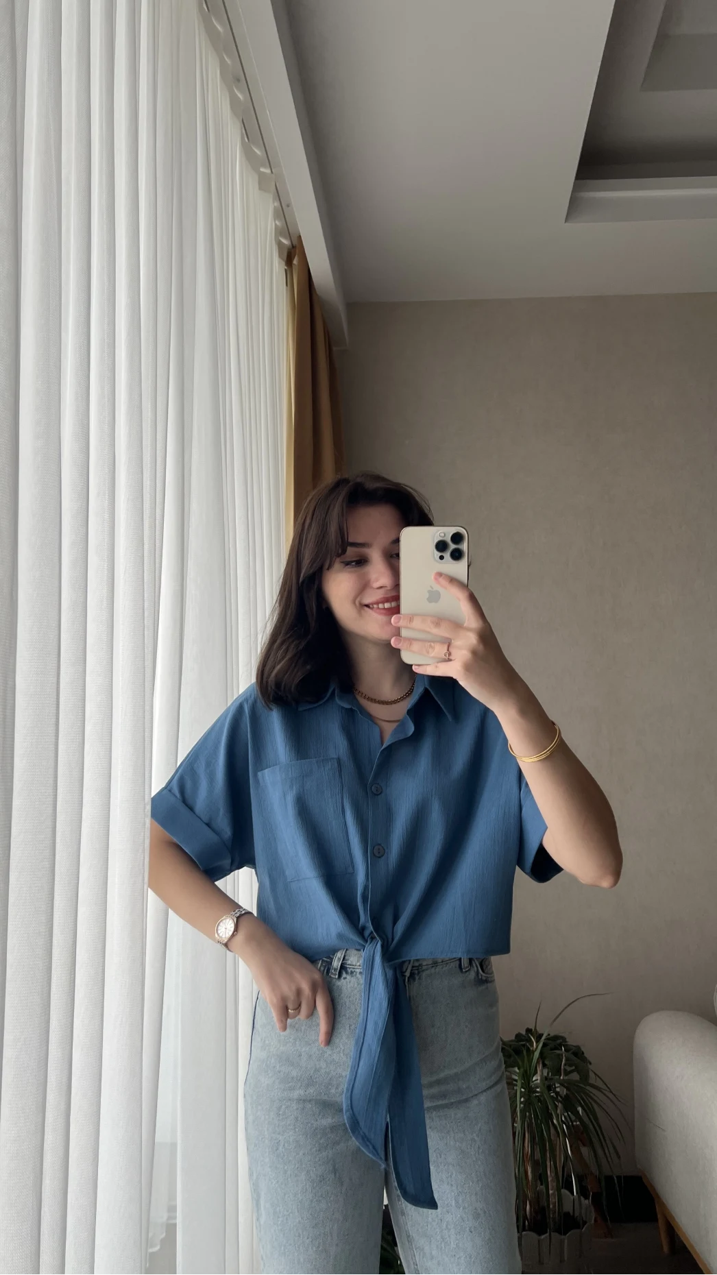 Jennefer Mavi Bağlamalı Gömlek