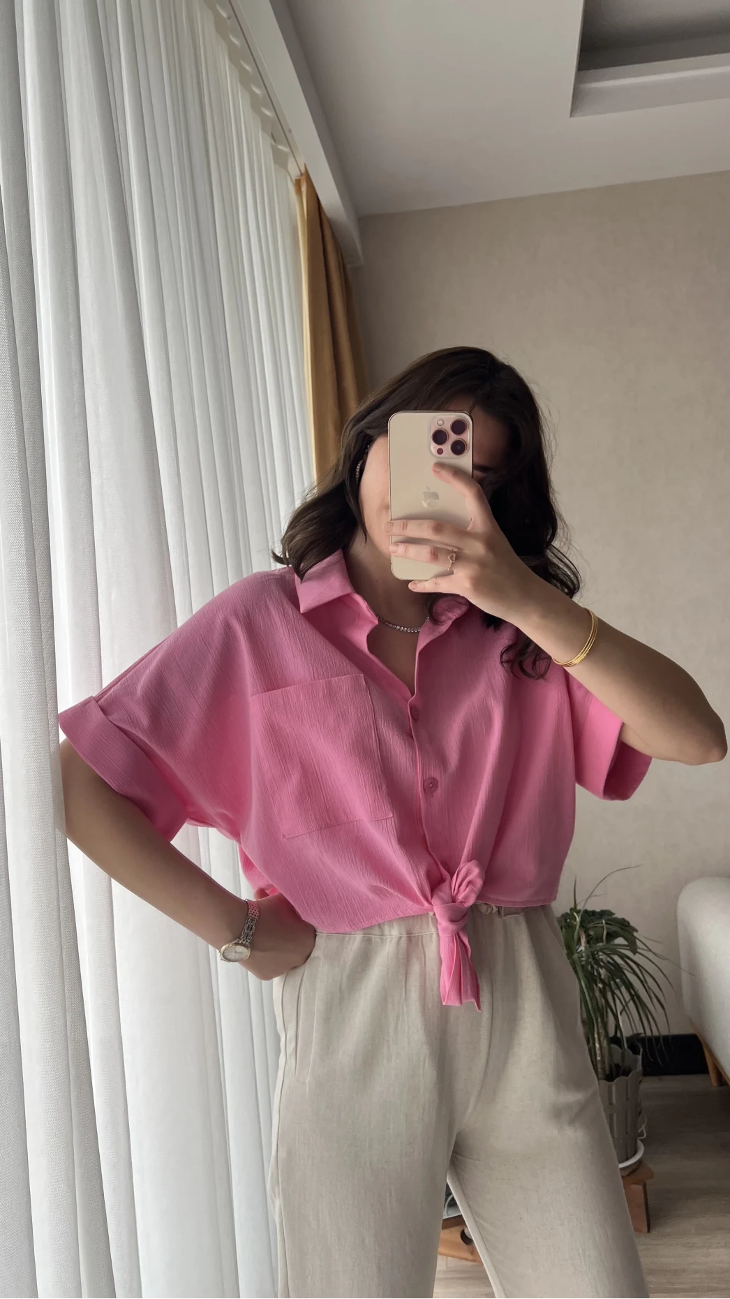 Jennefer Pembe Bağlamalı Gömlek