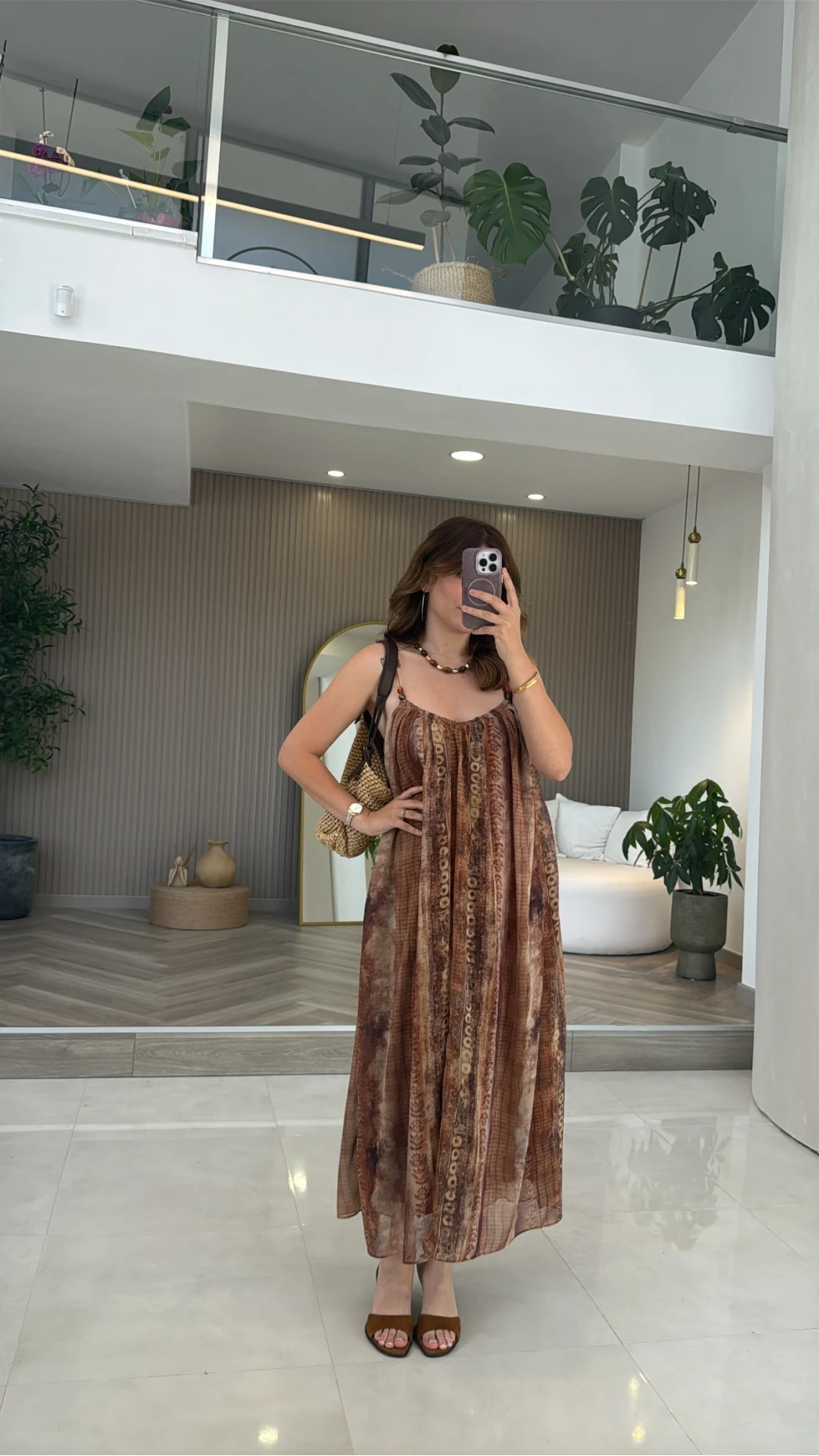 Jenny Askılı Desenli Elbise - Camel - Kod: 3466