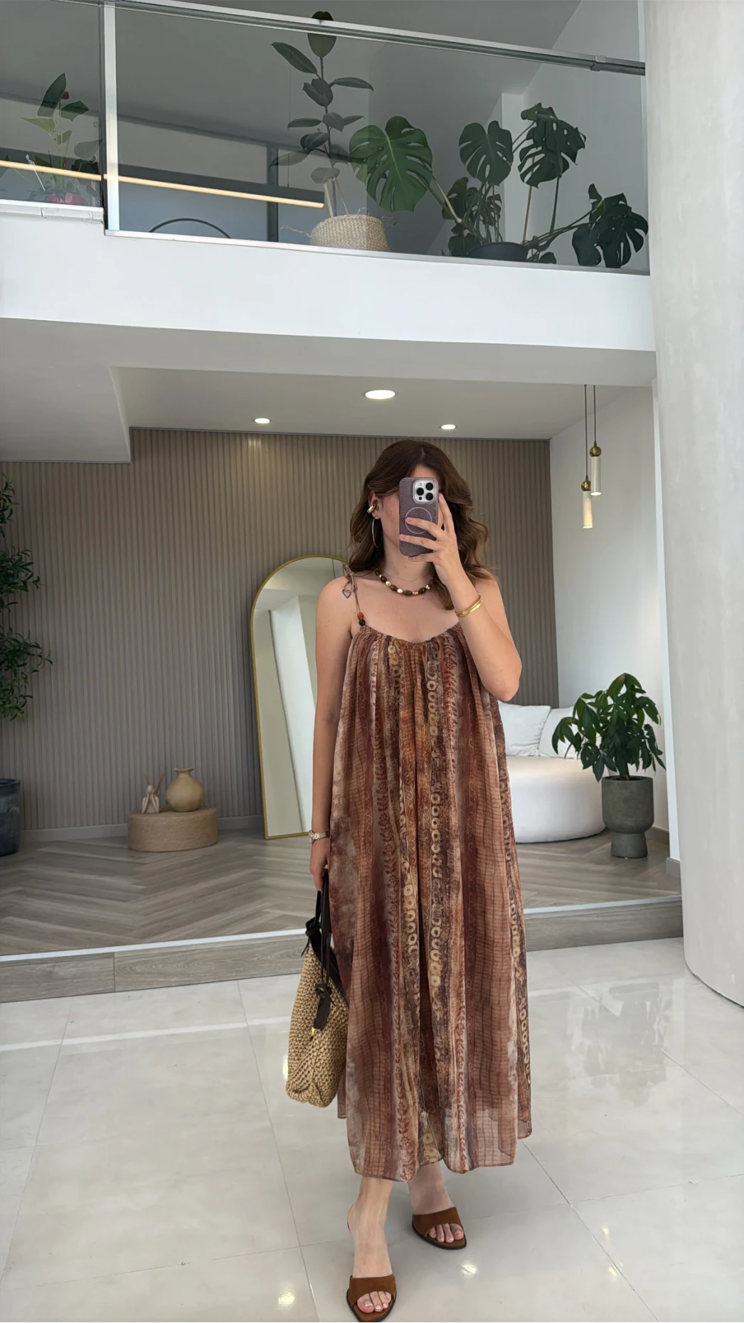 Jenny Askılı Desenli Elbise - Camel - Kod: 3466