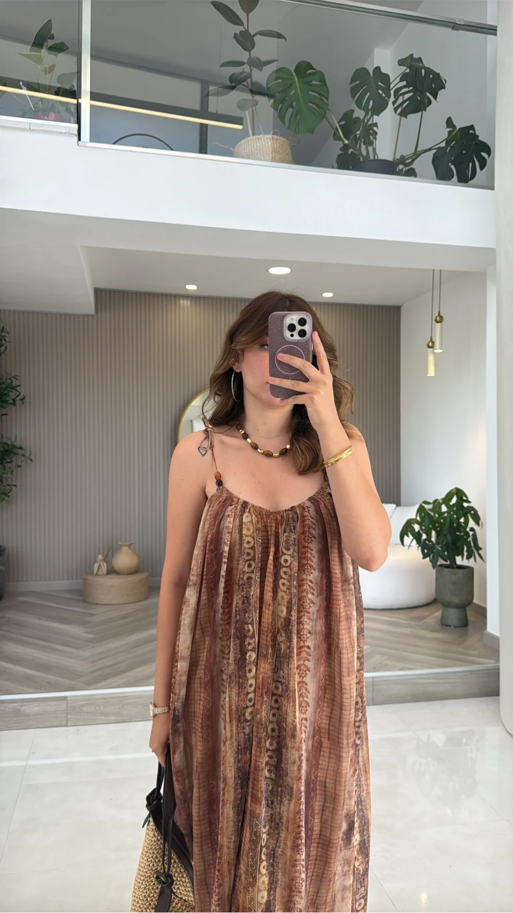 Jenny Askılı Desenli Elbise - Camel - Kod: 3466