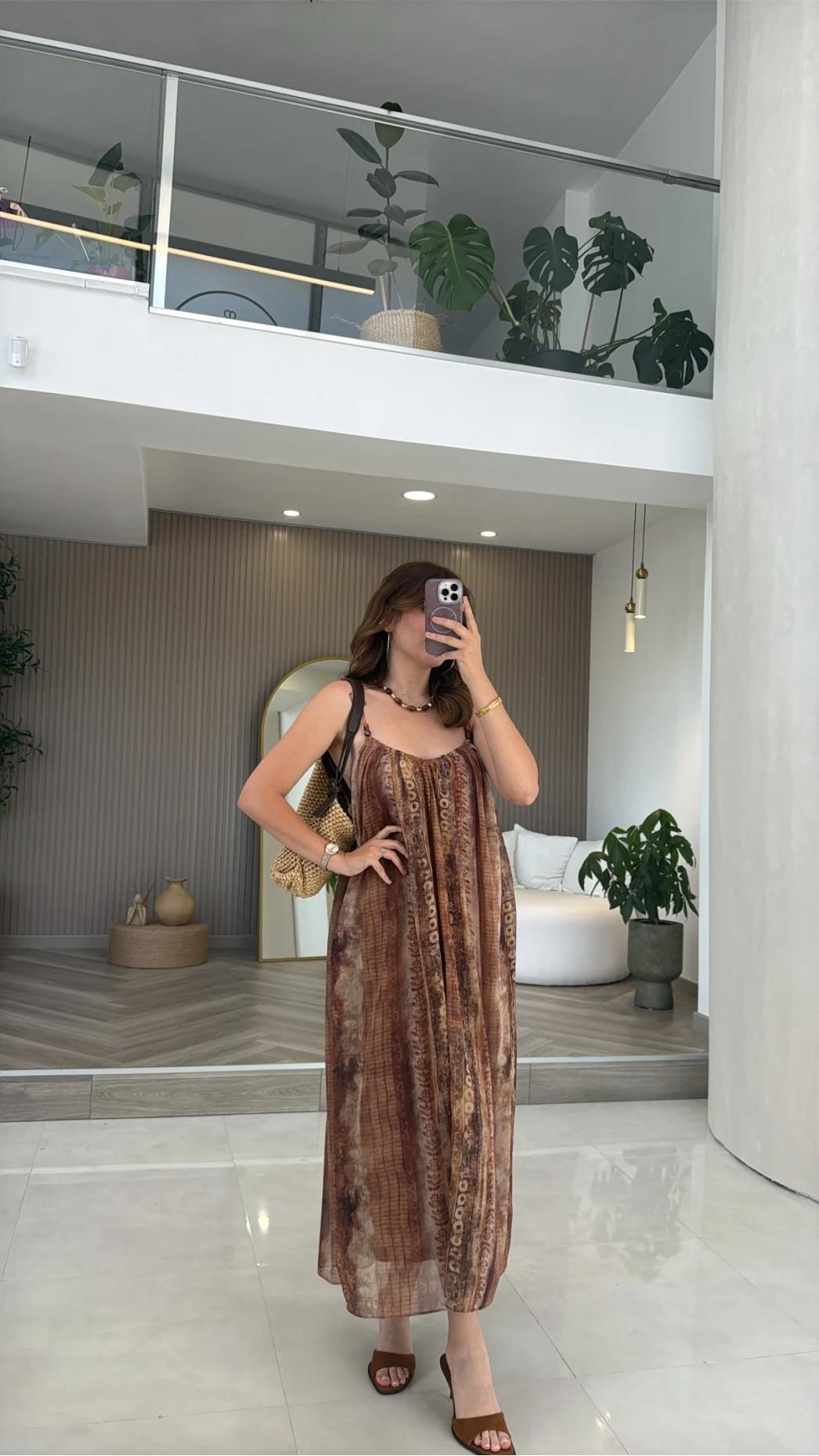 Jenny Askılı Desenli Elbise - Camel - Kod: 3466
