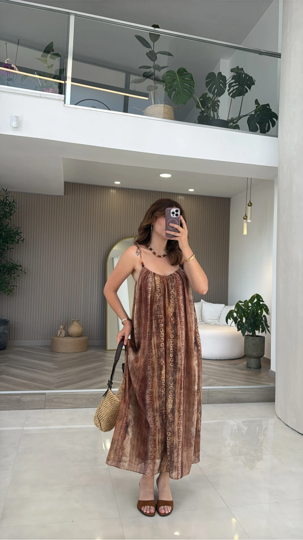 Jenny Askılı Desenli Elbise - Camel - Kod: 3466