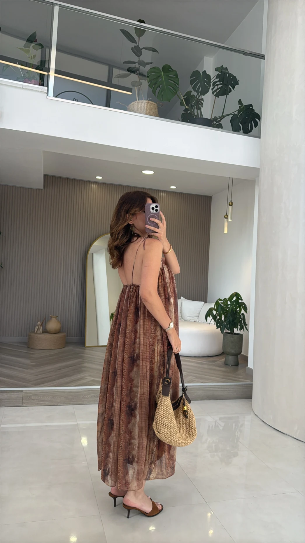 Jenny Askılı Desenli Elbise - Camel - Kod: 3466