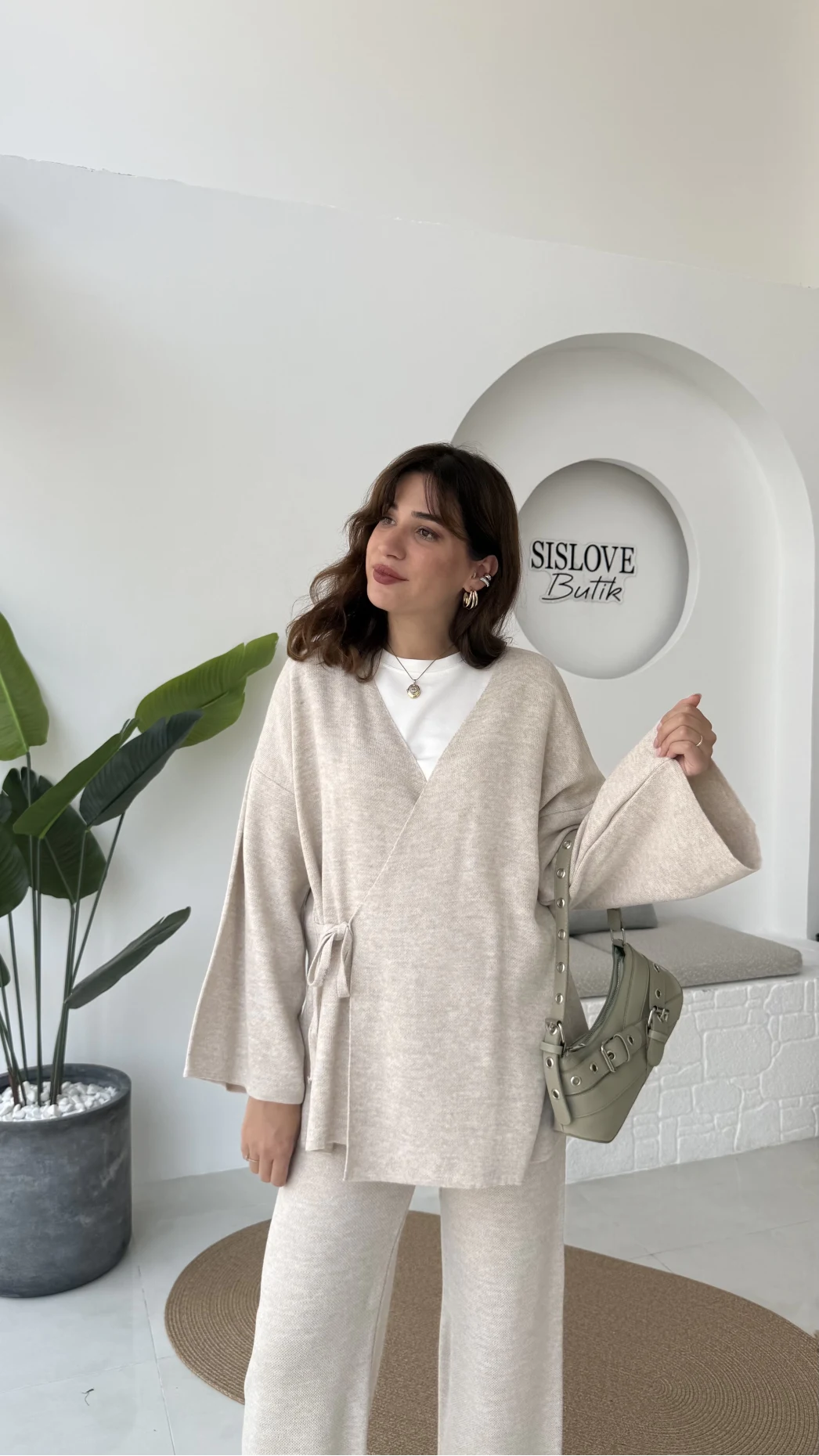 Jenny Bağlamalı Triko Takım - Taş - Kod: 7206