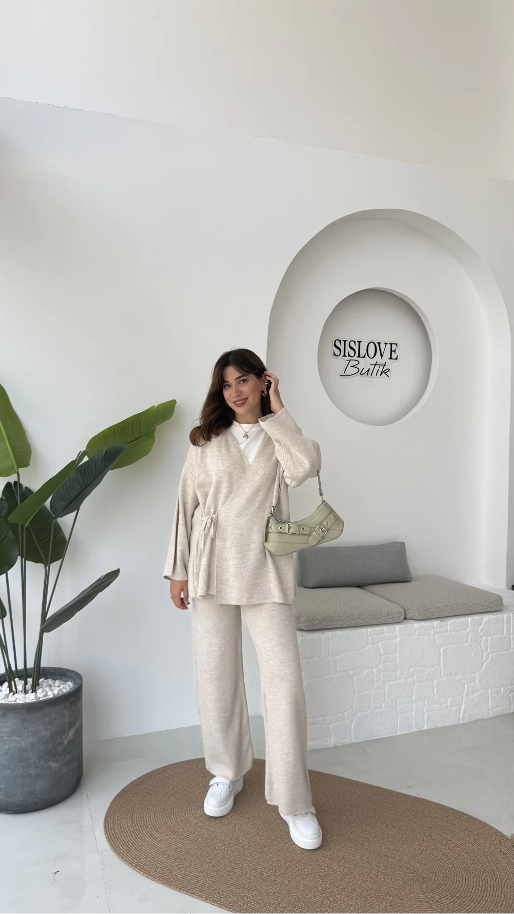 Jenny Bağlamalı Triko Takım - Taş - Kod: 7206