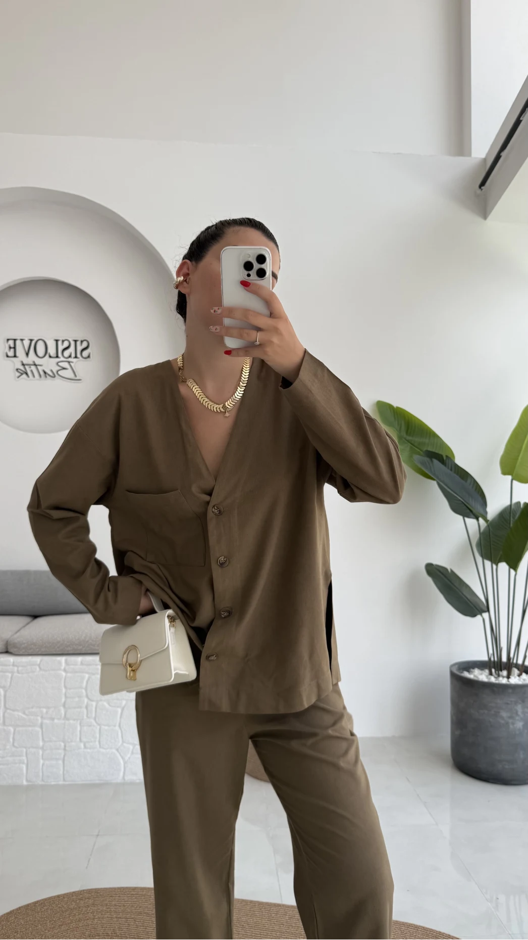 July Premium V Yaka Tek Cepli Gömlek Pantolon Takım - Haki
