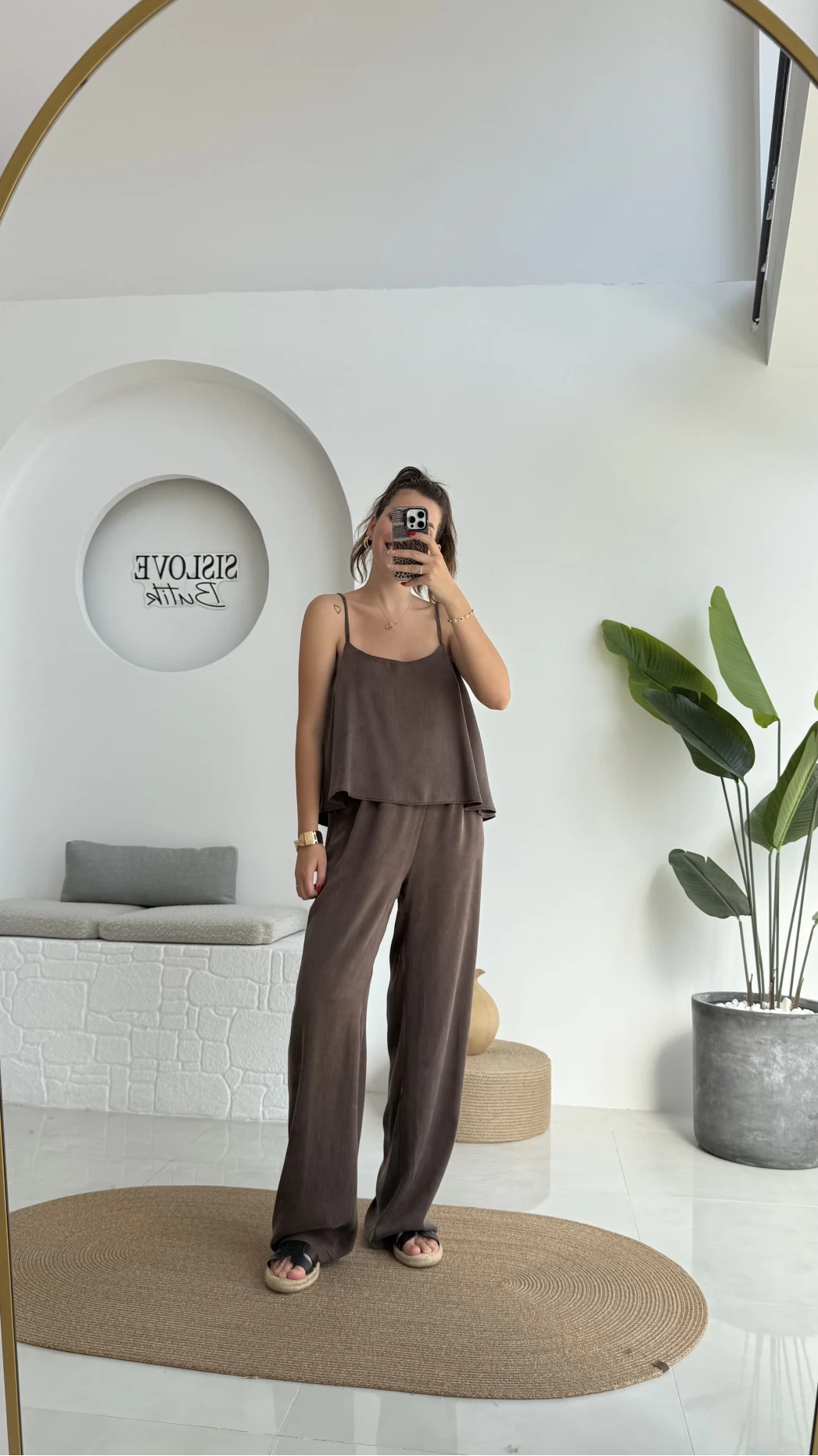 June Askılı Bluz Pantolon Takım - Kahve - 51043