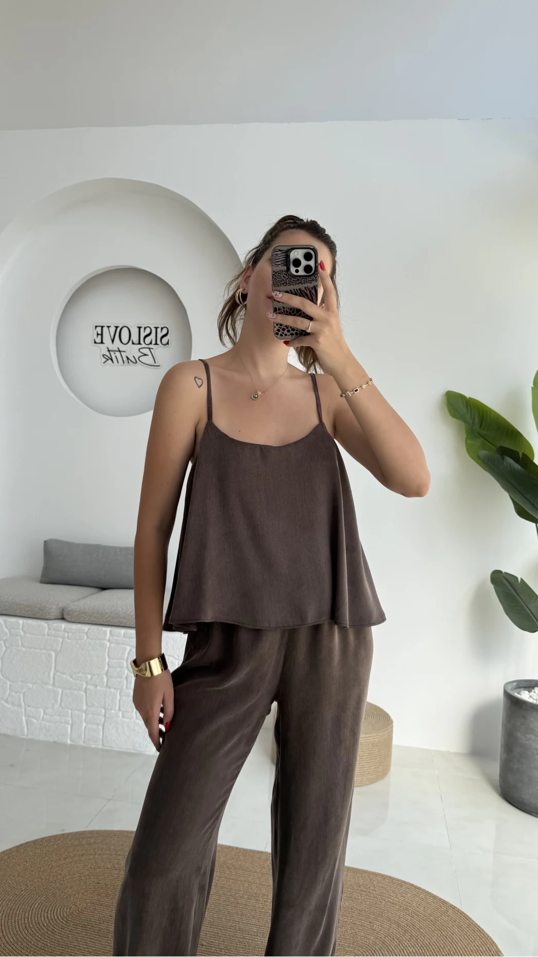 June Askılı Bluz Pantolon Takım - Kahve - 51043