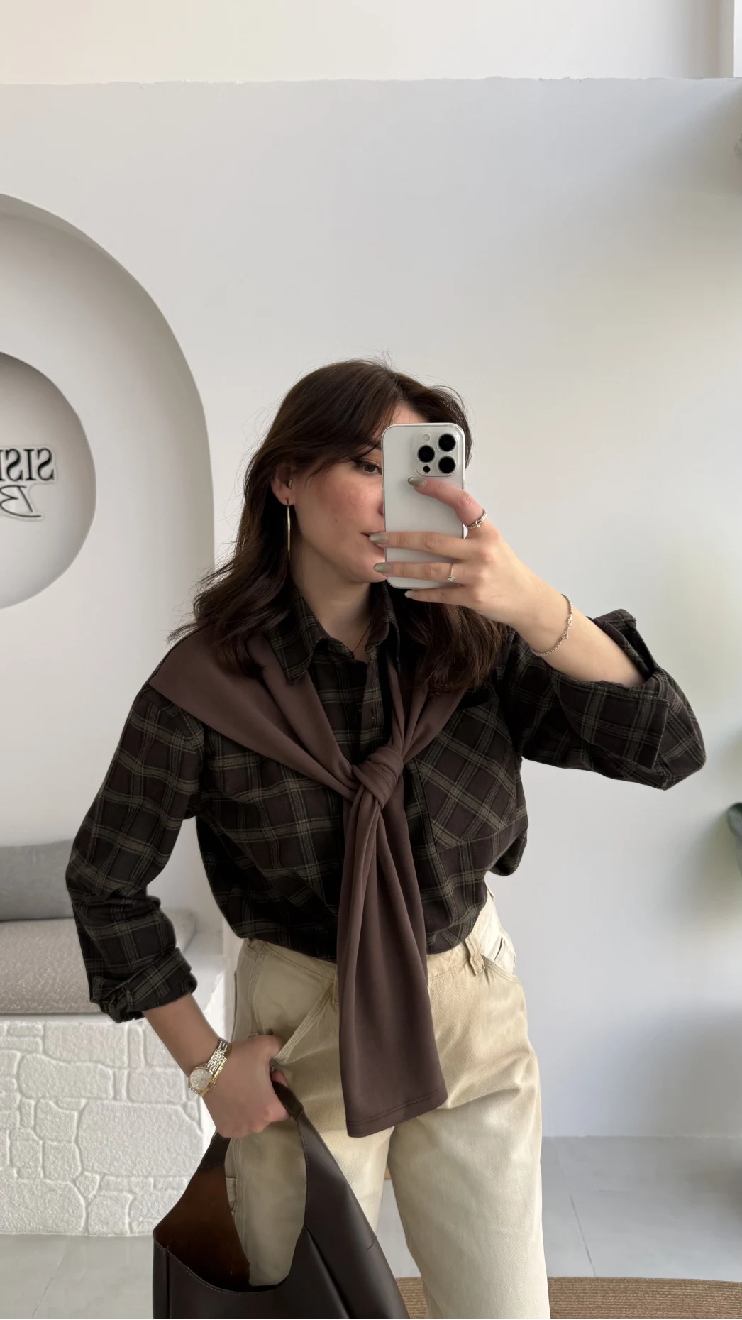 Juniper Ekose Desenli Bağlama Detaylı Oduncu Gömlek - Acı Kahve