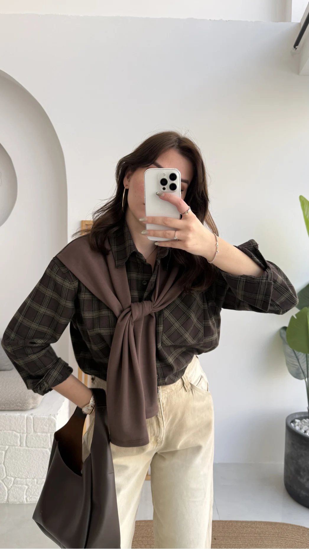 Juniper Ekose Desenli Bağlama Detaylı Oduncu Gömlek - Acı Kahve