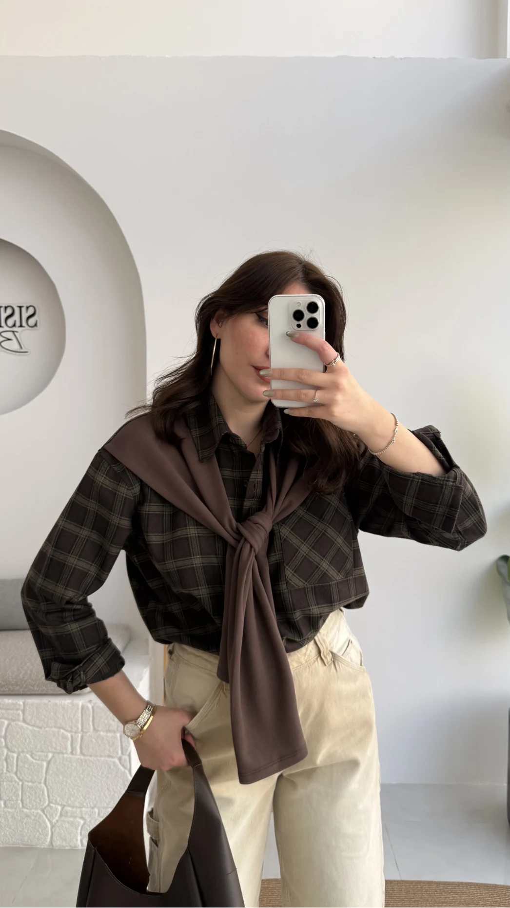 Juniper Ekose Desenli Bağlama Detaylı Oduncu Gömlek - Acı Kahve