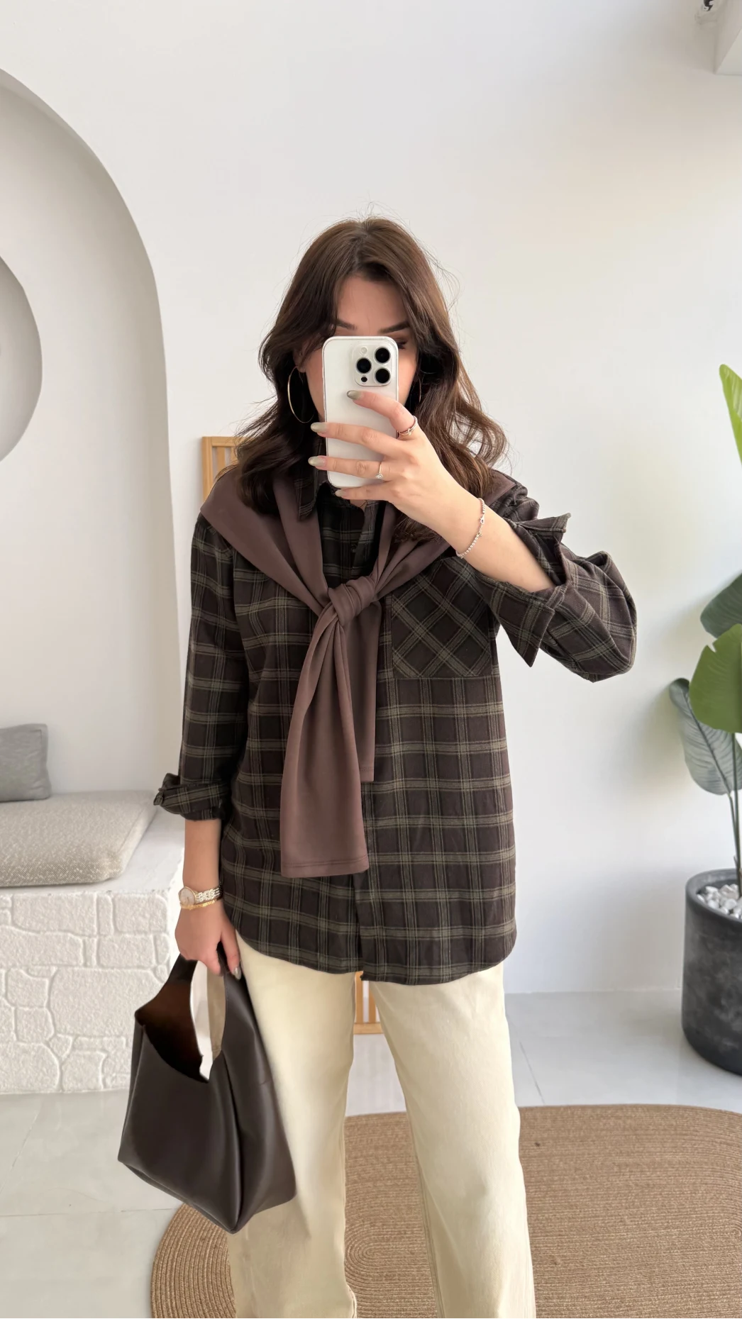 Juniper Ekose Desenli Bağlama Detaylı Oduncu Gömlek - Acı Kahve