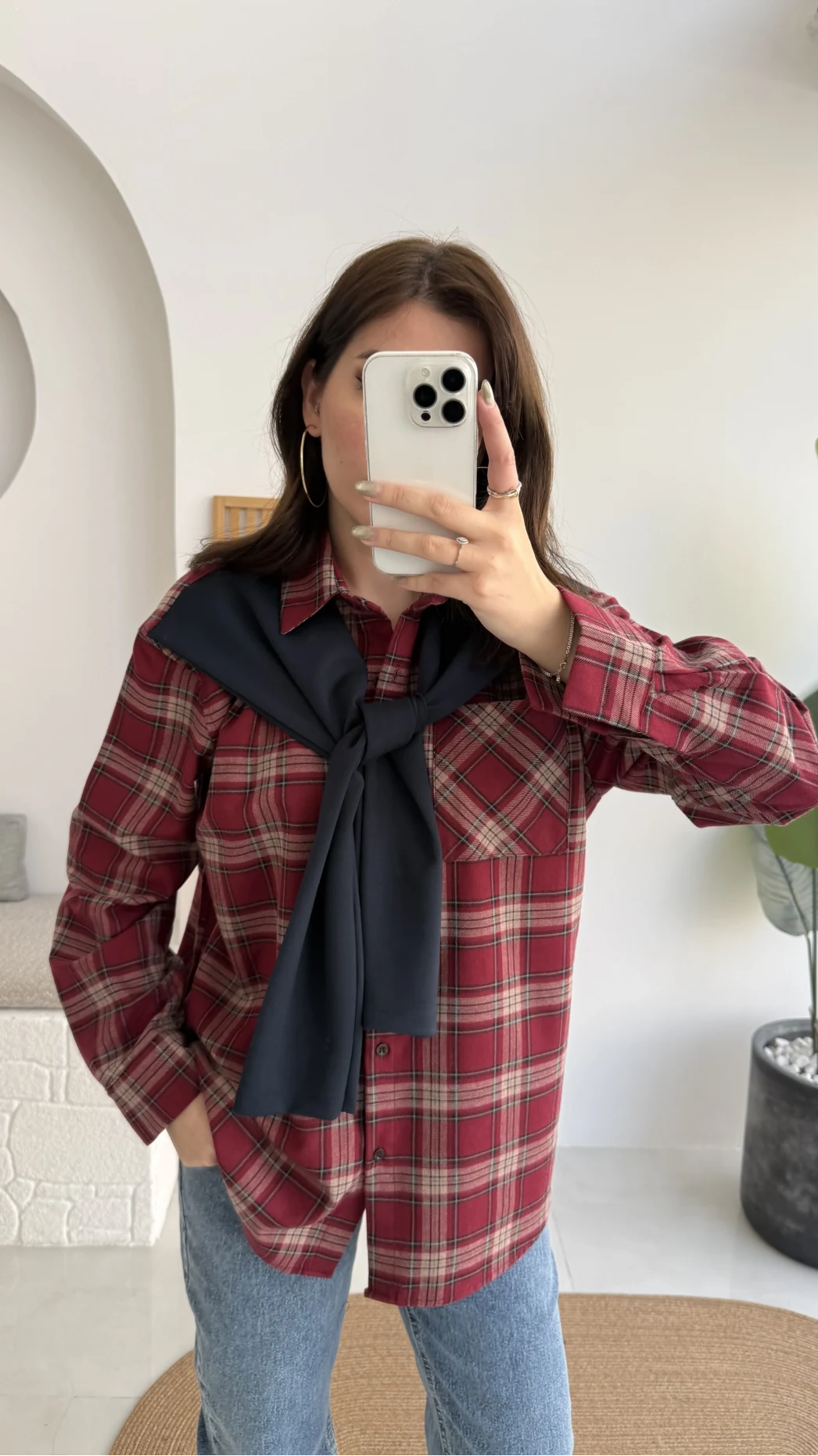 Juniper Ekose Desenli Bağlama Detaylı Oduncu Gömlek - Bordo